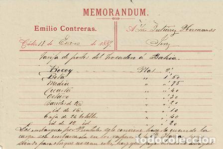 Old Invoices: FACTURA MEMORANDUM EMILIO CONTRERAS (C&Aacute;DIZ, 18.01.1889) FACTURA-37