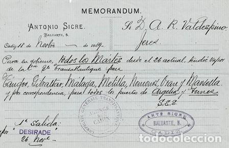 Old Invoices: MEMOR&Aacute;NDUM ANTONIO SICRE (C&Aacute;DIZ, 18.11.1889) FACTURA-42