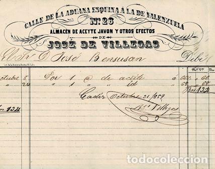 Old Invoices: FACTURA ALMAC&Eacute;N DE ACEITE JAB&Oacute;N Y OTROS EFECTOS (C&Aacute;DIZ, 31.10.1859) FACTURA-45