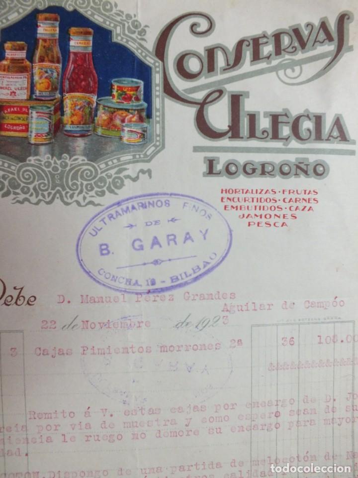 Facturas antiguas: CONSERVAS ULECIA LOGRO&Ntilde;O ANTIGUA FACTURA DE 1923 HORTALIZAS FRUTAS EMBUTIDOS CARNES