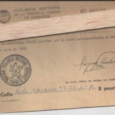 Facturas antiguas: RECIBO VIGILANCIA NOCTURNA INMORTAL CIUDAD ZARAGOZA. AÑO 1968. Lote 346745503