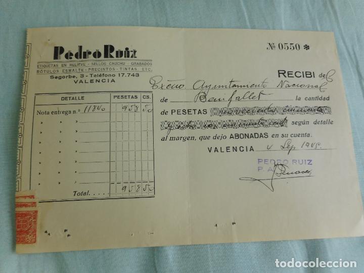 Fatture antiche: ANTIGUA FACTURA PEDRO RUIZ ETIQUETAS RELIEVE SELLOS CAUCHO GRABADOS. SEGORBE VALENCIA 1945