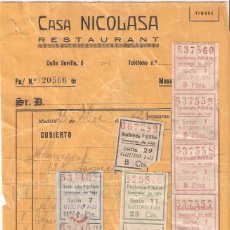 Facturas antiguas: MADRID 1942 FACTURA RESTAURANTE CASA NICOLASA. TRECE CUPONES PAGO FISCAL A LA HACIENDA PÚBLICA. Lote 350106844
