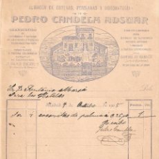 Facturas antiguas: MADRID 1905 ALMACÉN DE ESTERAS,PERSIANAS Y HORCHATERÍA DE PEDRO CANDELA ADSUAR. CALLE RECOLETOS, 23. Lote 350592999