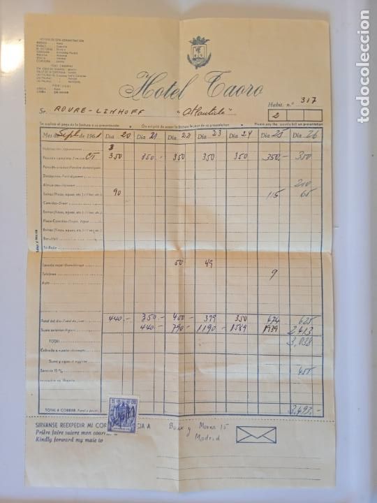 Facturas antiguas: HOTEL TAORO - A&Ntilde;O 1961 - Foto 1
