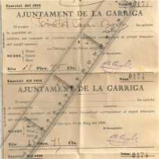 Facturas antiguas: 1935 AJUNTAMENT DE LA GARRIGA 4 REBUTS (L´ANY TRIMESTRAL) ARBITRI INQUILINAT. Lote 354460813