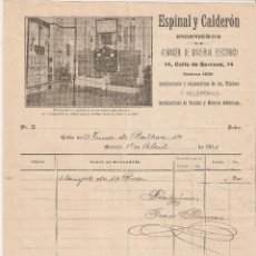 Facturas antiguas: MADRID 1911 ESPINAL Y CALDERÓN INGENIEROS. ALMACÉN DE MATERIAL ELÉCTRICO. CALLE SERRANO, 14.. Lote 355312600