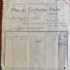 Facturas antiguas: FACTURA DE VINOS Y LICORES - CASTELLÓN - LA BARONA - HIJO DE GUILLERMO MOLTÓ - GUERRA CIVIL