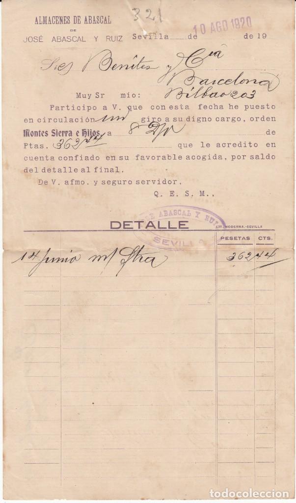 Facturas antiguas: FACTURA COMERCIAL DE ALMACENES DE ABASCAL DE JOS&Eacute; ABASCAL Y RUIZ EN SEVILLA - 1920 - Foto 1