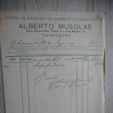 Facturas antiguas: ANTIGUA FACTURA ALBERTO MUSOLAS ALMACENES HIERROS ACEROS TARRAGONA 1911. COMANDANCIA INGENIEROS. Lote 358842425
