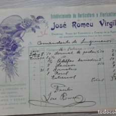 Facturas antiguas: FACTURA JOSE ROMEU VIRGILI ESTABLECIMIENTO HORTICULTURA TARRAGONA 1918. COMANDANCIA INGENIEROS. Lote 358843765