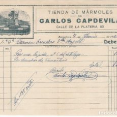Facturas antiguas: FACTURA COMERCIAL DE TIENDA DE MÁRMOLES CARLOS CAPDEVILA EN CALLE PLATERÍA -BARCELONA -1924