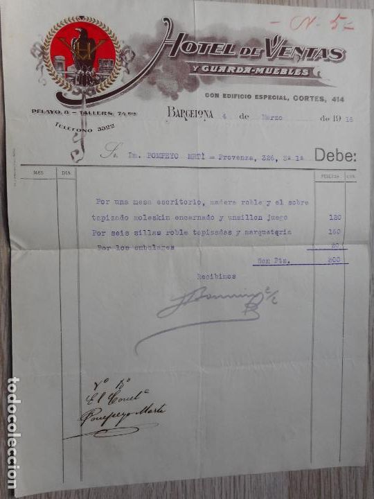Old Invoices: ANTIGUA FACTURA HOTEL DE VENTAS Y GUARDA MUEBLES BARCELONA 1916. POMPEYO MARTI