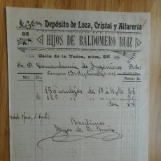 Facturas antiguas: ANTIGUA FACTURA HIJOS BALDOMERO RUIZ. DEPOSITO LOZA CRISTAL ALFARERIA TARRAGONA 1916. Lote 361084605