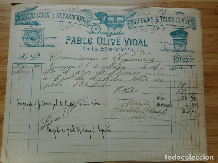 Factures anciennes: ANTIGUA FACTURA PABLO OLIVE VIDAL. CONSTRUCCION REPARACION CARRUAJES TARRAGONA 1910