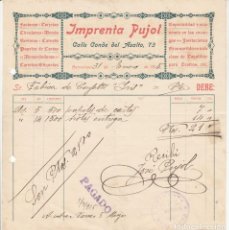 Facturas antiguas: FACTURA COMERCIAL DE IMPRENTA PUJOL EN CALLE CONDE DEL ASALTO DE BARCELONA -1915. Lote 363090285