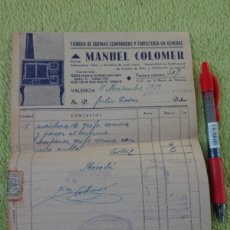 Facturas antiguas: FACTURA DE LA FABRICA DE COCINAS MANUEL COLOMER DE VALENCIA 1939 - POST GUERRA CIVIL - CUÑO FRANCO. Lote 365753316