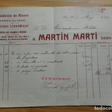 Facturas antiguas: ANTIGUA FACTURA MARTIN MARTI. FUNDICION DE HIERRO COCINAS ECONOMICAS REUS 1916. Lote 365789771
