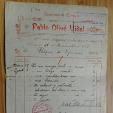 Facturas antiguas: ANTIGUA FACTURA PABLO OLIVE VIDAL. CONSTRUCCION CARRUAJES TARRAGONA 1917. Lote 365790496