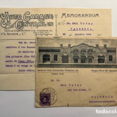Facturas antiguas: BARCELONA. FACTURA Y SOBRE CÍRCULADOS.. AUTO GARAJE CENTRAL. VENTA DE CICLOS, AUTOMÓVILES.. (A.1908). Lote 365921891