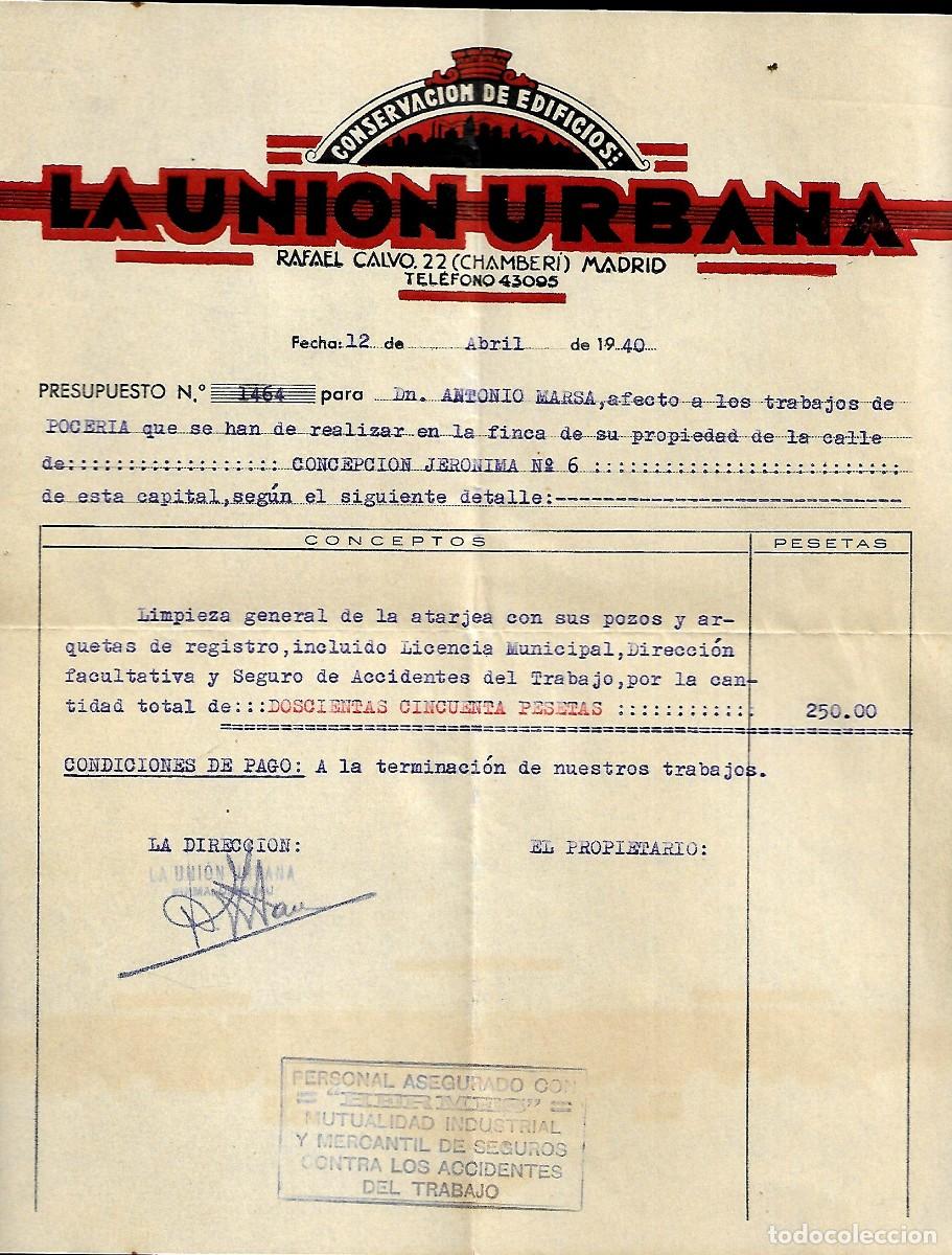 Facturas antiguas: M38- MADRID 1.940 - LA UNION URBANA CONSERVACION DE EDIFICIOS - Foto 1