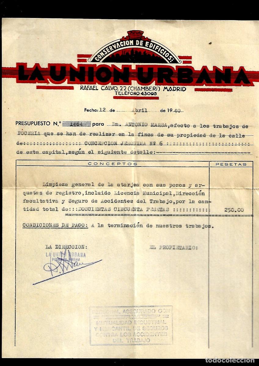 Facturas antiguas: M38- MADRID 1.940 - LA UNION URBANA CONSERVACION DE EDIFICIOS - Foto 1