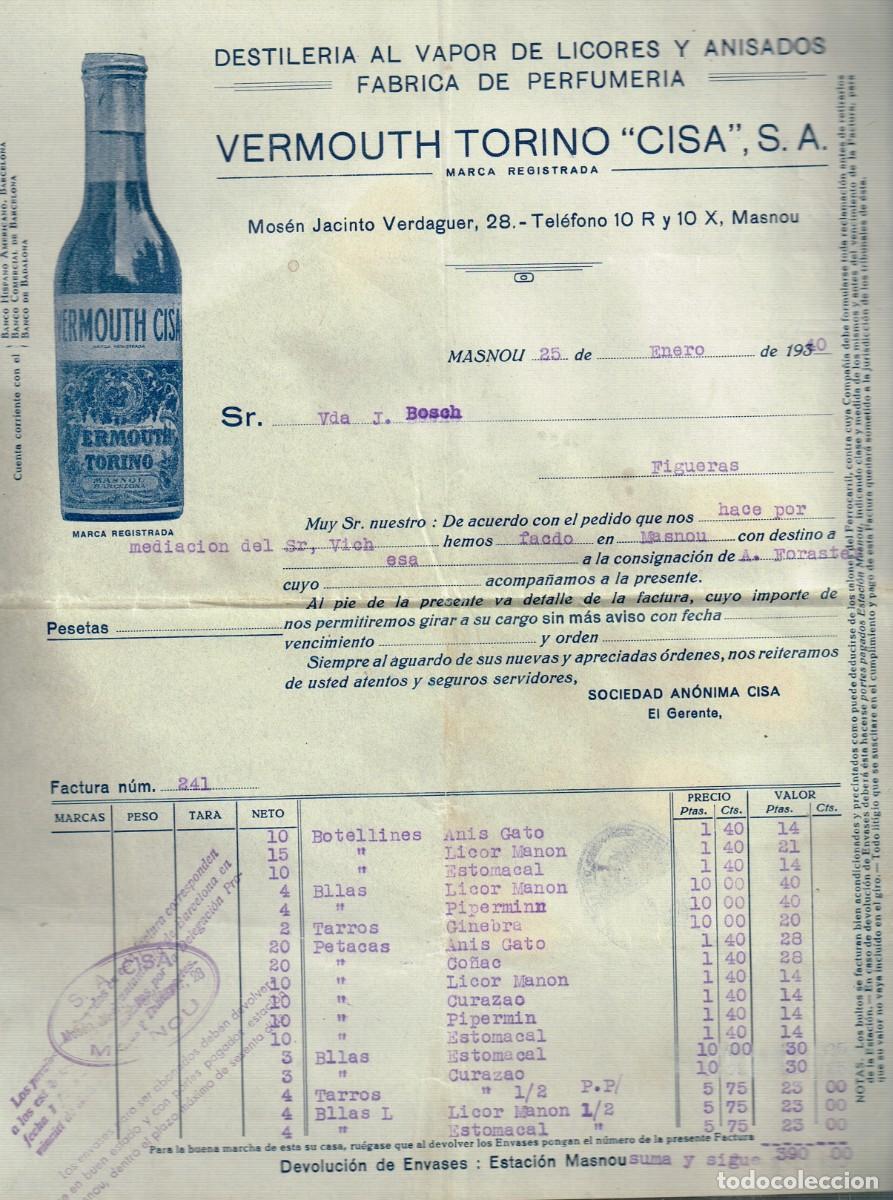 Factures anciennes: 1940 BONITA FACTURA DOS HOJAS + y sigue VERMOUTH TORINO &rdquo;CISA&rdquo;, LICORES Y ANISADOS Masnou a Figueres