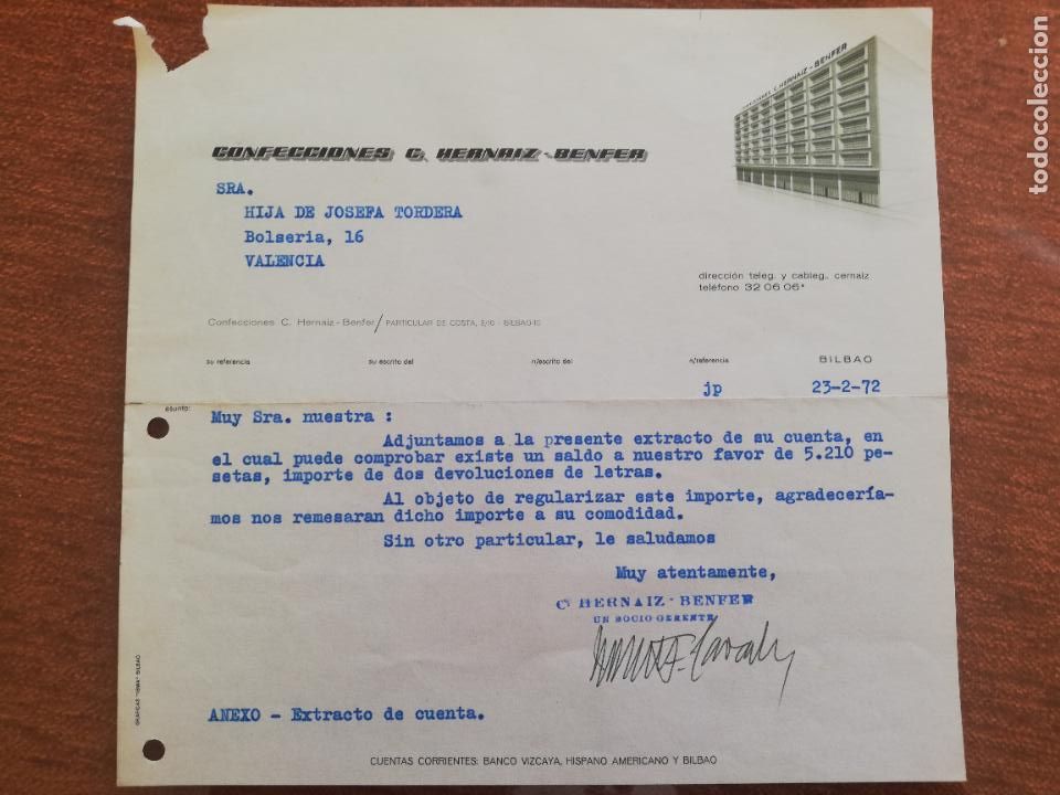 Old Invoices: FACTURA. CONFECCIONES G. HERNAIZ BENFER. VALENCIA, 1972.