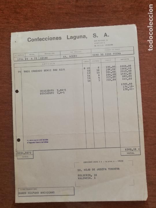Old Invoices: FACTURA. CONFECCIONES LAGUNA, S. A. VALENCIA, 1972.