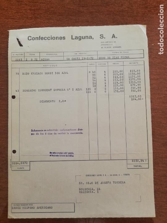 Factures anciennes: FACTURA. CONFECCIONES LAGUNA, S. A. VALENCIA, 1972.