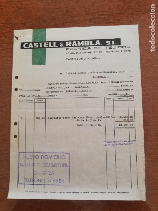 Factures anciennes: FACTURA. FABRICA DE TEJIDOS. CASTELL & RAMBLA, S. L. CASTELLON, 1972.