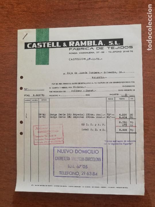 Factures anciennes: FACTURA. FABRICA DE TEJIDOS. CASTELL & RAMBLA, S. L. CASTELLON, 1972.
