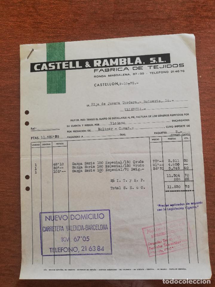 Factures anciennes: FACTURA. FABRICA DE TEJIDOS. CASTELL & RAMBLA, S. L. CASTELLON, 1972.