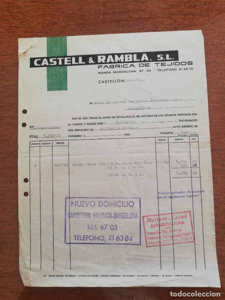 Factures anciennes: FACTURA. FABRICA DE TEJIDOS. CASTELL & RAMBLA, S. L. CASTELLON, 1972.