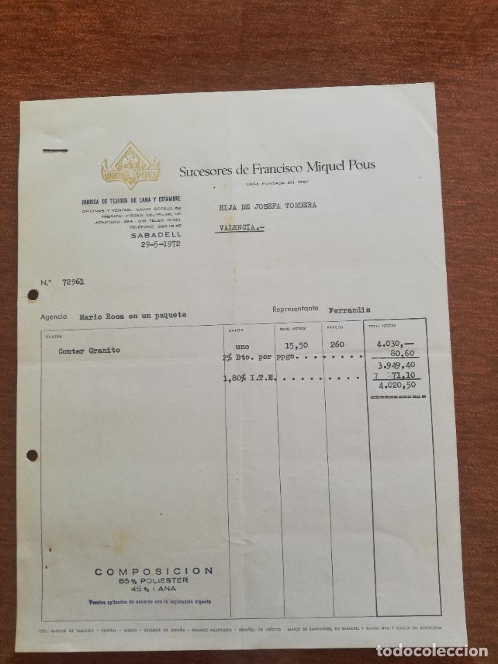 Factures anciennes: FACTURA. FABRICA DE TEJIDOS DE LANA Y ESTAMBRE. SUCESORES DE FRANCISCO MIQUEL POUS. SABADELL, 1972.