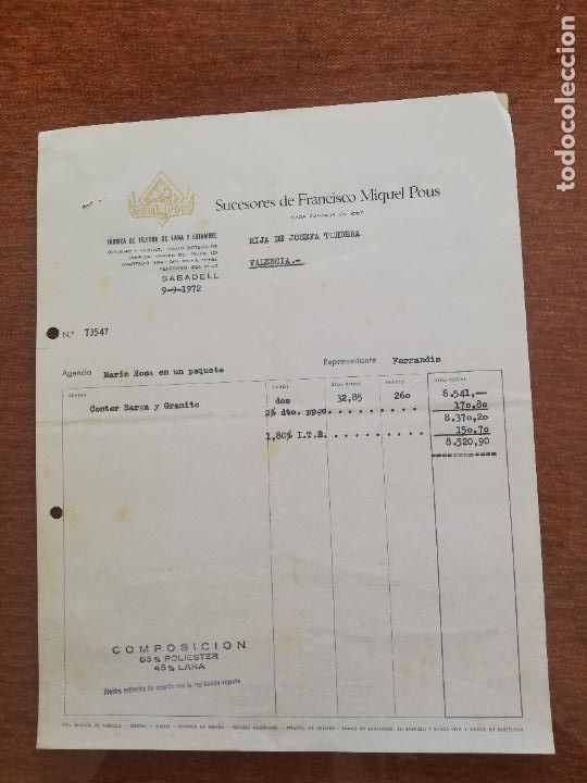 Old Invoices: FACTURA. FABRICA DE TEJIDOS DE LANA Y ESTAMBRE. SUCESORES DE FRANCISCO MIQUEL POUS. SABADELL, 1972.