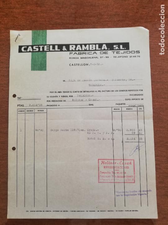 Old Invoices: FACTURA. FABRICA DE TEJIDOS. CASTELL & RAMBLA, S. L. CASTELLON, 1972.