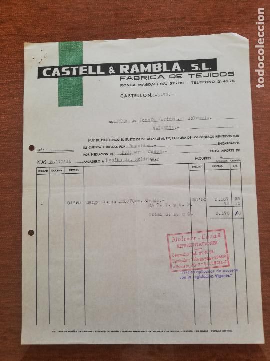 Old Invoices: FACTURA. FABRICA DE TEJIDOS. CASTELL & RAMBLA, S. L. CASTELLON, 1972.