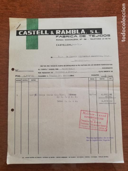 Old Invoices: FACTURA. FABRICA DE TEJIDOS. CASTELL & RAMBLA, S. L. CASTELLON, 1972.