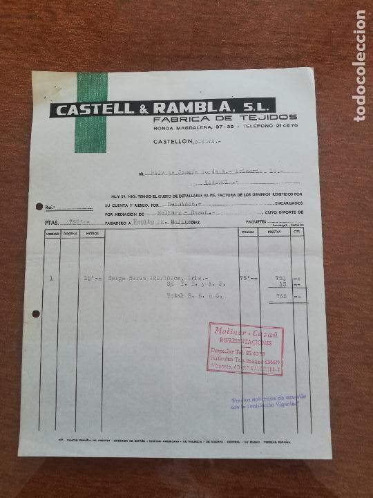 Old Invoices: FACTURA. FABRICA DE TEJIDOS. CASTELL & RAMBLA, S. L. CASTELLON, 1972.