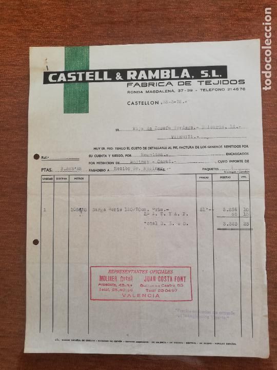 Old Invoices: FACTURA. FABRICA DE TEJIDOS. CASTELL & RAMBLA, S. L. CASTELLON, 1972.