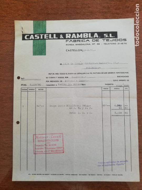 Factures anciennes: FACTURA. FABRICA DE TEJIDOS. CASTELL & RAMBLA, S. L. CASTELLON, 1972.