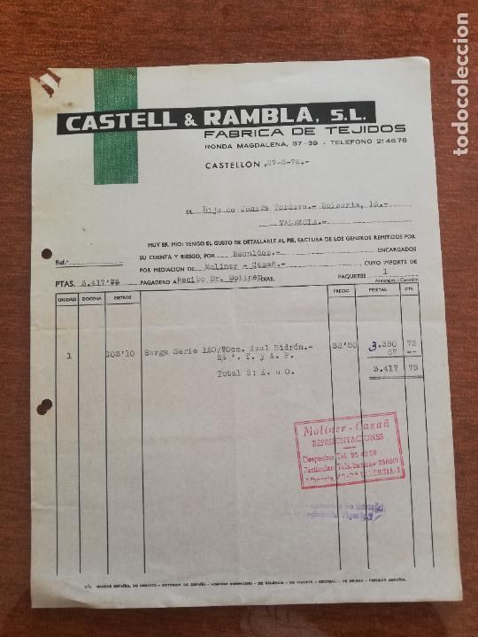 Factures anciennes: FACTURA. FABRICA DE TEJIDOS. CASTELL & RAMBLA, S. L. CASTELLON, 1972.