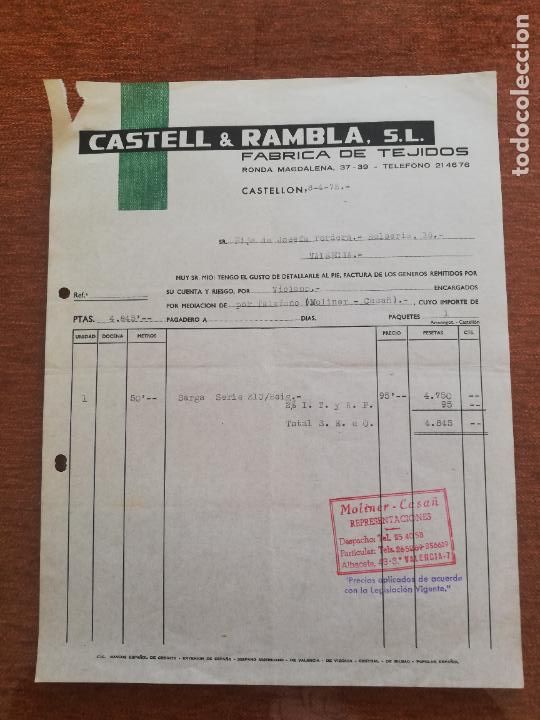 Factures anciennes: FACTURA. FABRICA DE TEJIDOS. CASTELL & RAMBLA, S. L. CASTELLON, 1972.