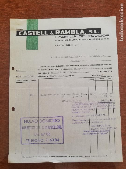 Factures anciennes: FACTURA. FABRICA DE TEJIDOS. CASTELL & RAMBLA, S. L. CASTELLON, 1972.