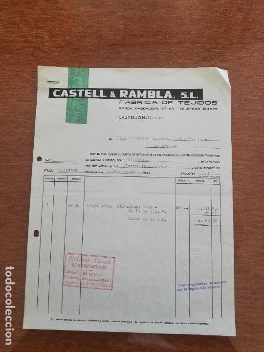 Factures anciennes: FACTURA. FABRICA DE TEJIDOS. CASTELL & RAMBLA, S. L. CASTELLON, 1972.