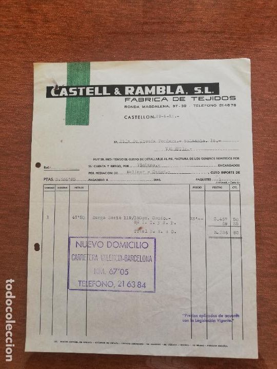 Factures anciennes: FACTURA. FABRICA DE TEJIDOS. CASTELL & RAMBLA, S. L. CASTELLON, 1972.