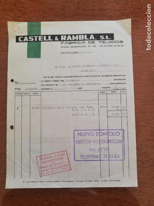 Factures anciennes: FACTURA. FABRICA DE TEJIDOS. CASTELL & RAMBLA, S. L. CASTELLON, 1972.
