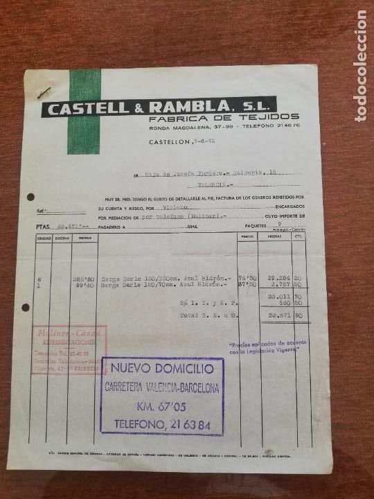 Factures anciennes: FACTURA. FABRICA DE TEJIDOS. CASTELL & RAMBLA, S. L. CASTELLON, 1972.
