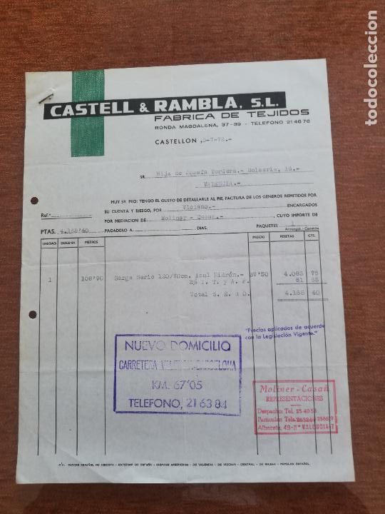 Factures anciennes: FACTURA. FABRICA DE TEJIDOS. CASTELL & RAMBLA, S. L. CASTELLON, 1972.